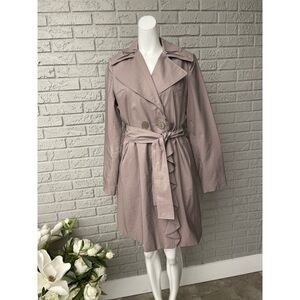 Tahari Women Long Sleeve Double Breasted Tie Waist Ruffle Front Trench Coat Dres